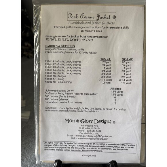 MorningGlory Designs Park Avenue Jacket Quilt-As-You-Go Pattern Size 1X 2X 3X 4X - Picture 3 of 6